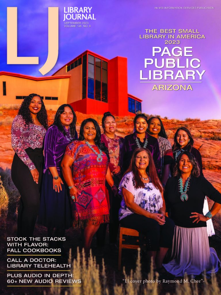 Cover of Library Journal magazine featuring Page Public Library, Arizona, recognized as "The Best Small Library in America 2023." The cover shows the library building and a group of library staff members posing in front of it.